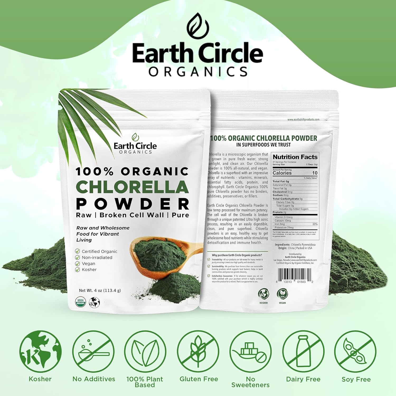 Earth Circle Organics Chlorella Powder 4oz (3 Pack) - Organic Broken Cell Wall Green Algae with High Protein & Amino Acids