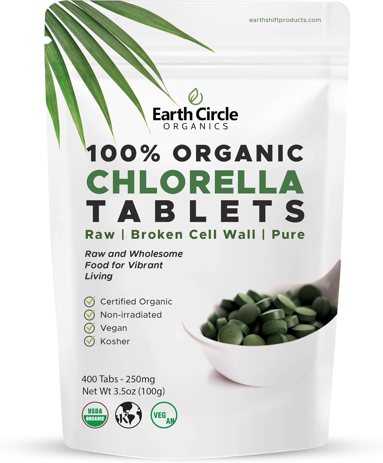 Earth Circle Organics Chlorella Tablets | Organic, Kosher, High Protein & Iron, Vegan Superfood Supplement - 400 Tablets