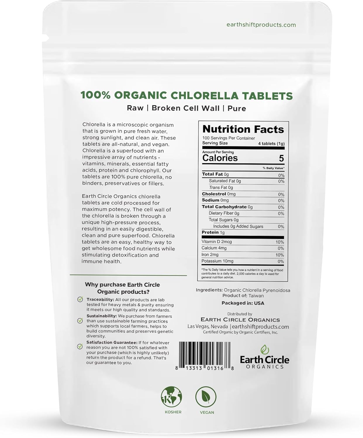 Earth Circle Organics Chlorella Tablets | Organic, Kosher, High Protein & Iron, Vegan Superfood Supplement - 400 Tablets