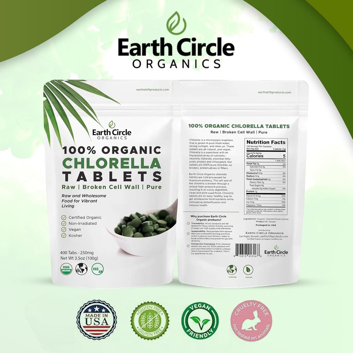 Earth Circle Organics Chlorella Tablets | Organic, Kosher, High Protein & Iron, Vegan Superfood Supplement - 400 Tablets