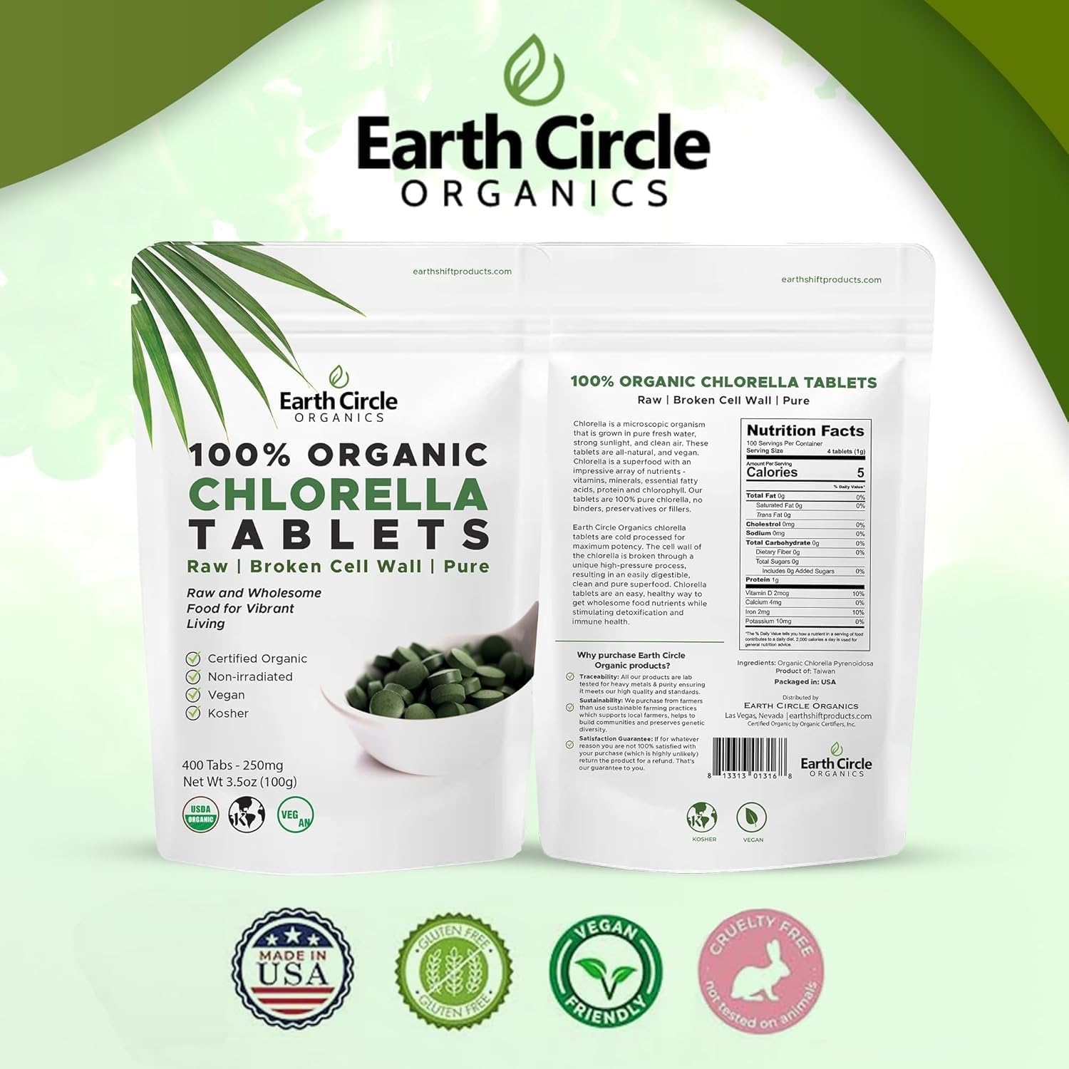Earth Circle Organics Chlorella Tablets | Organic, Kosher, High Protein & Iron, Vegan Superfood Supplement - 400 Tablets