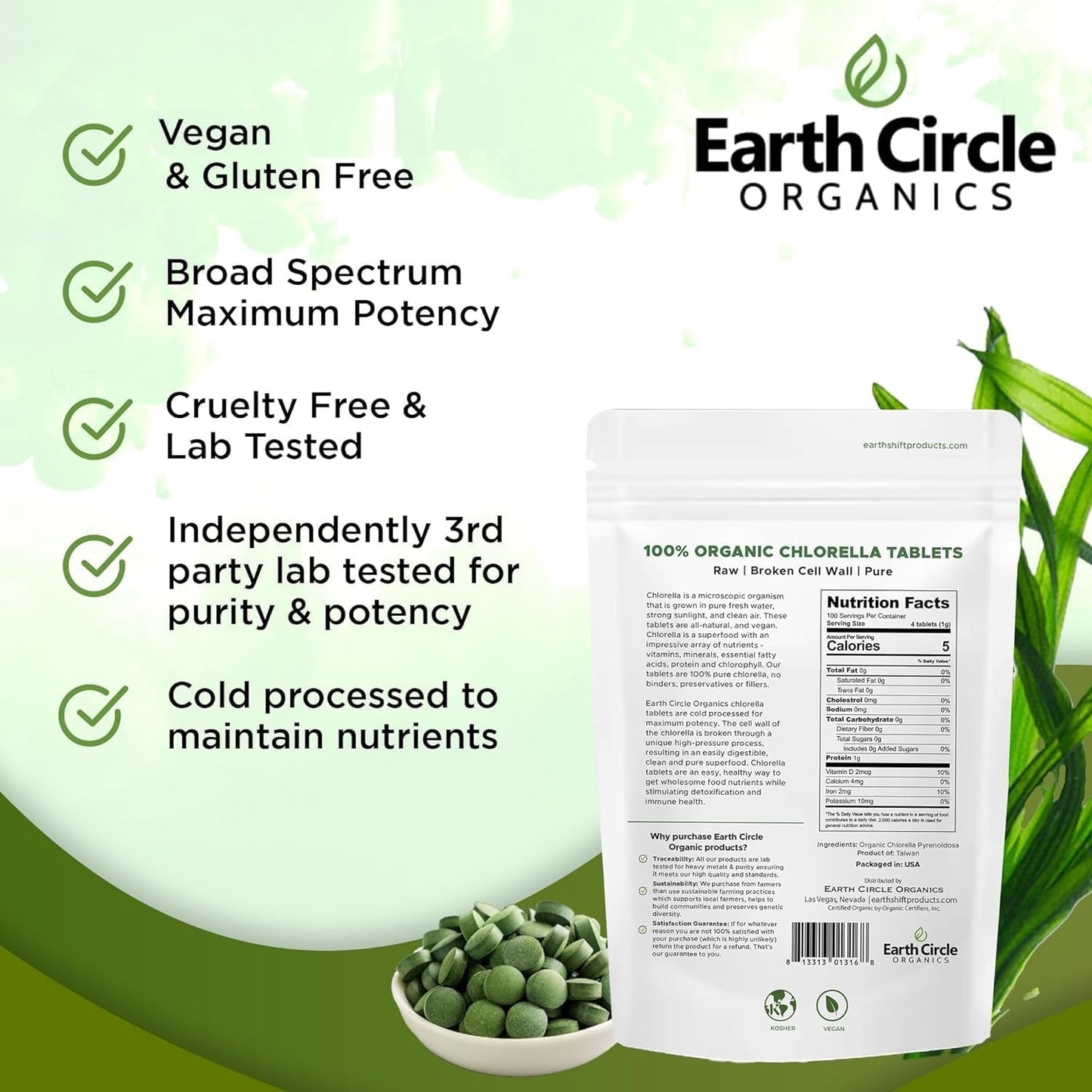 Earth Circle Organics Chlorella Tablets | Organic, Kosher, High Protein & Iron, Vegan Superfood Supplement - 400 Tablets