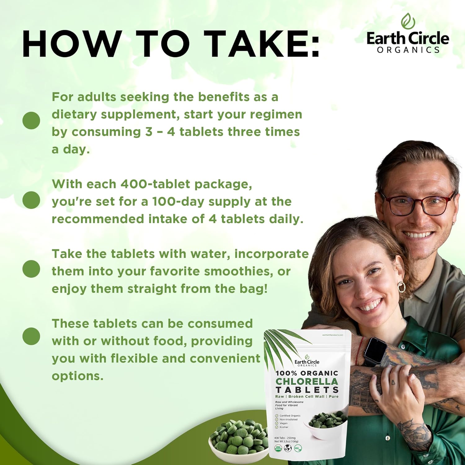 Earth Circle Organics Chlorella Tablets | Organic, Kosher, High Protein & Iron, Vegan Superfood Supplement - 400 Tablets