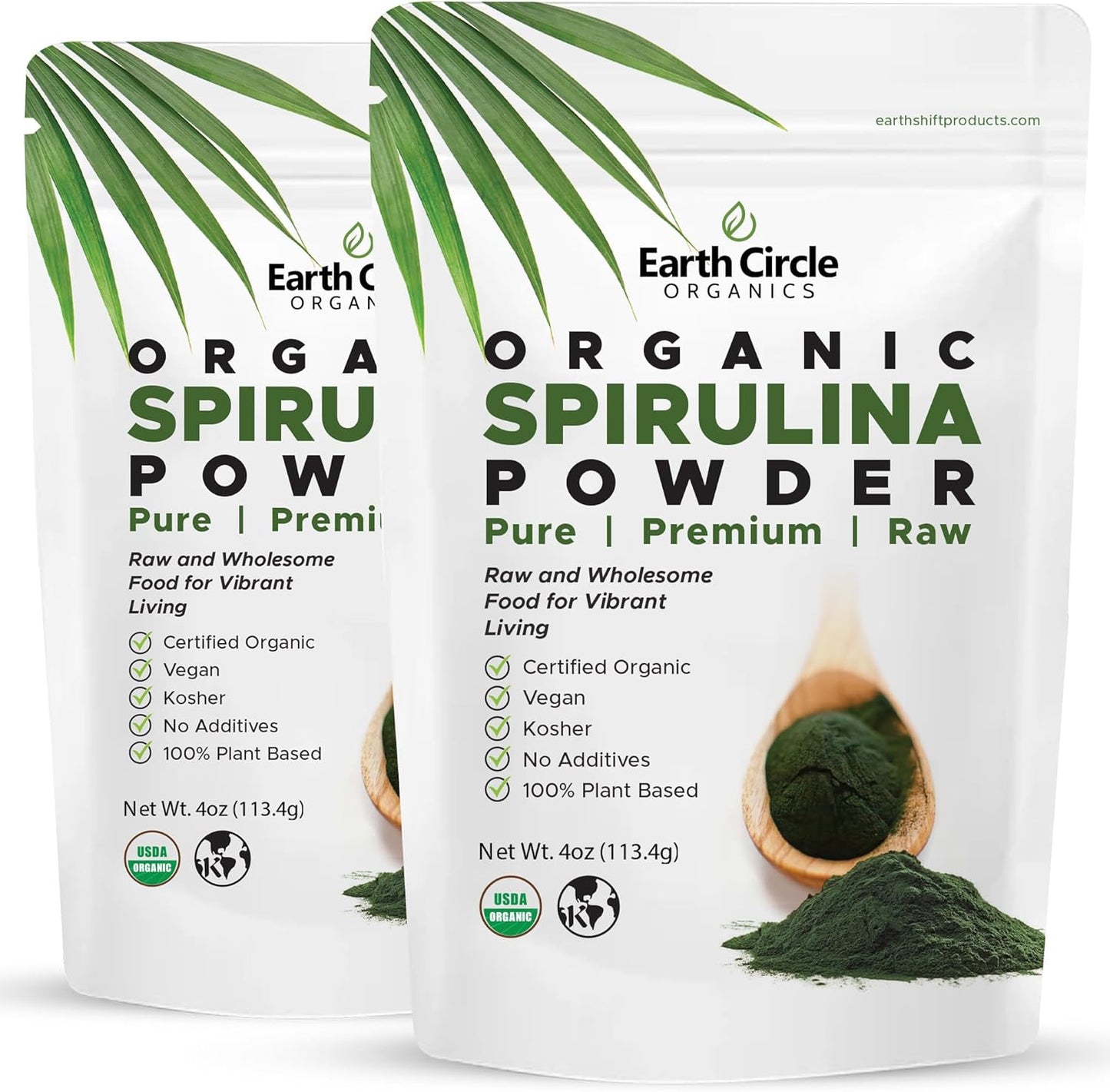 Earth Circle Organics Spirulina Powder - Raw Vegan Protein Superfood, High in Amino Acids - 8 Ounce (2 Pack)
