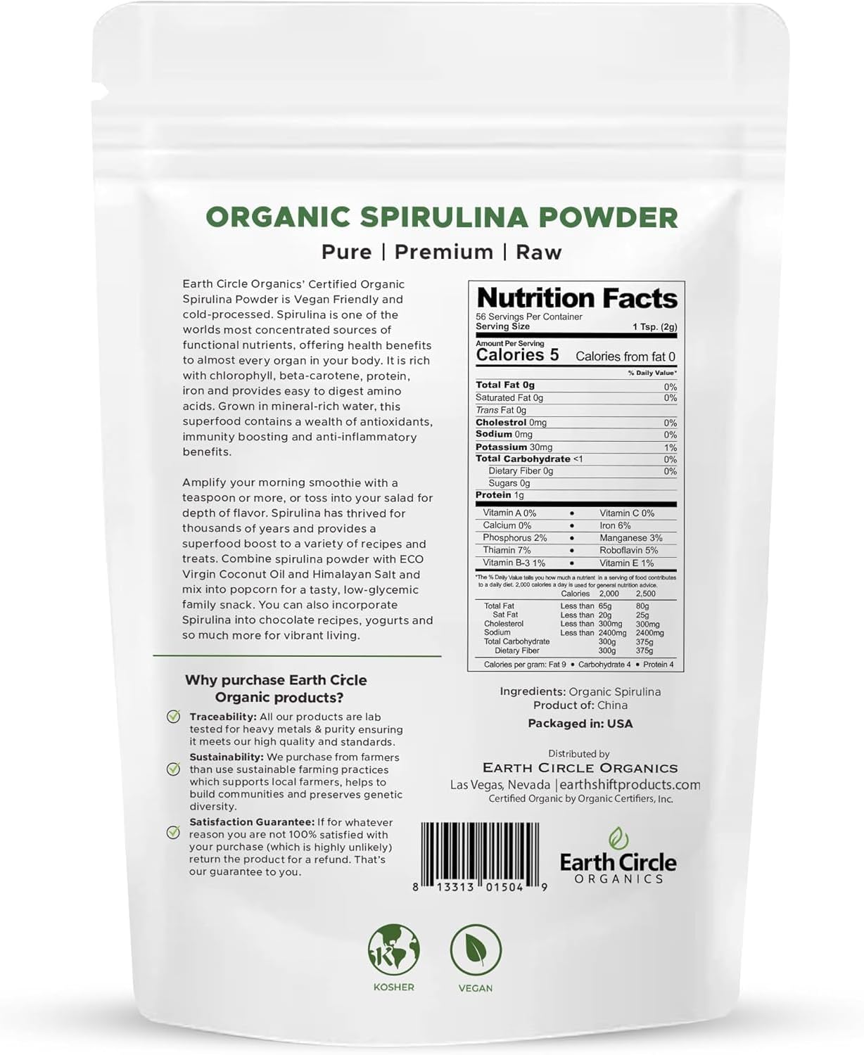 Earth Circle Organics Spirulina Powder - Raw Vegan Protein Superfood, High in Amino Acids - 8 Ounce (2 Pack)