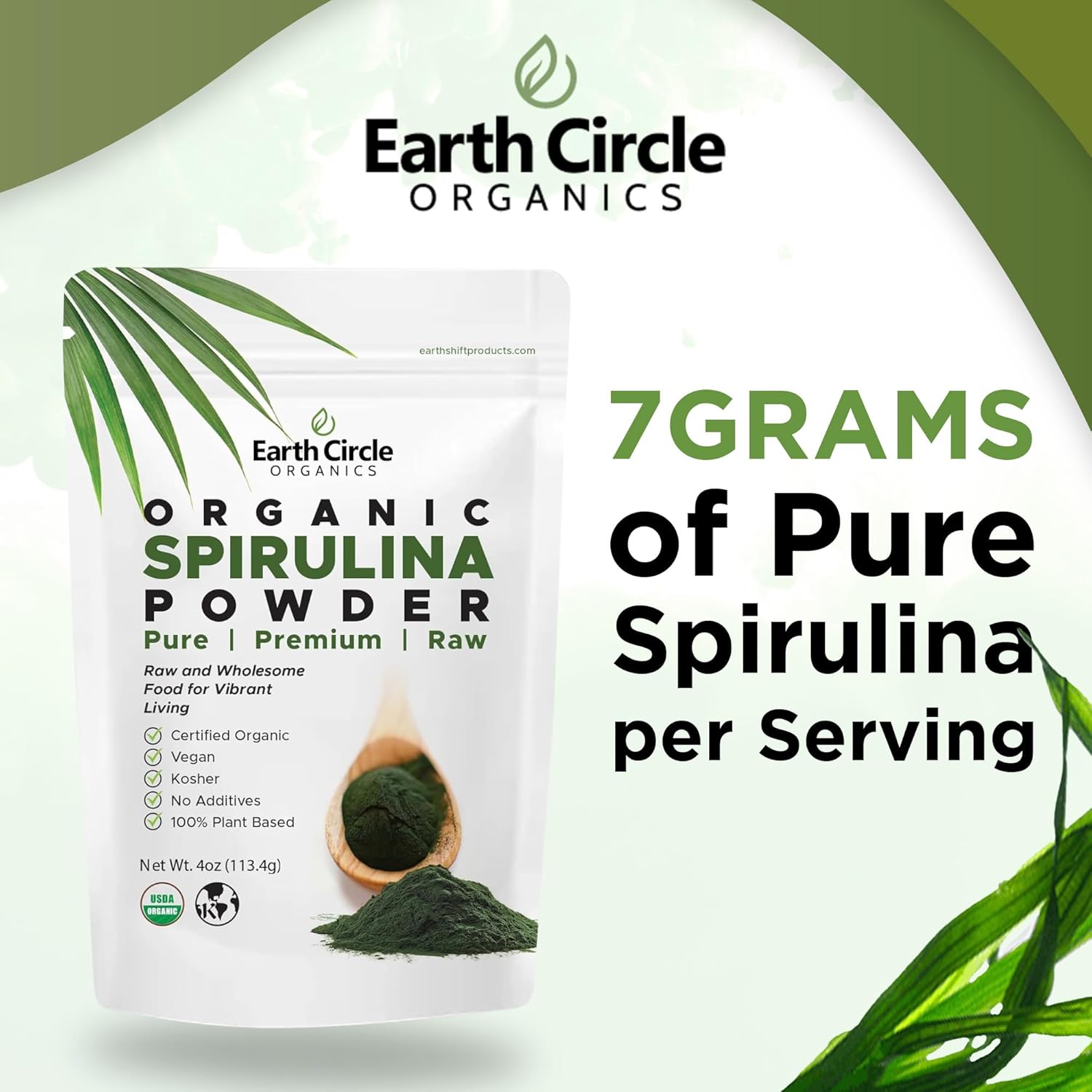 Earth Circle Organics Spirulina Powder - Raw Vegan Protein Superfood, High in Amino Acids - 8 Ounce (2 Pack)