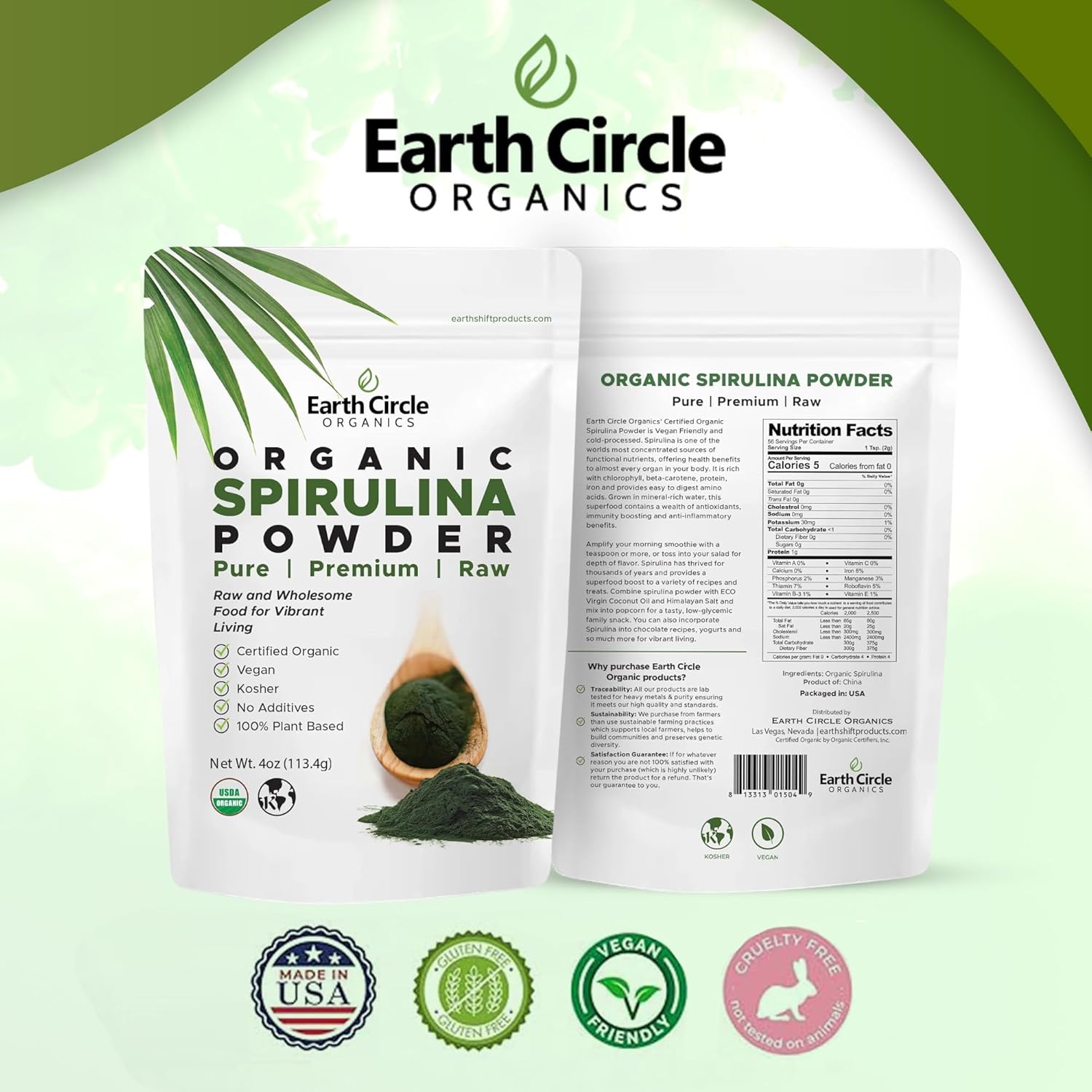 Earth Circle Organics Spirulina Powder - Raw Vegan Protein Superfood, High in Amino Acids - 8 Ounce (2 Pack)