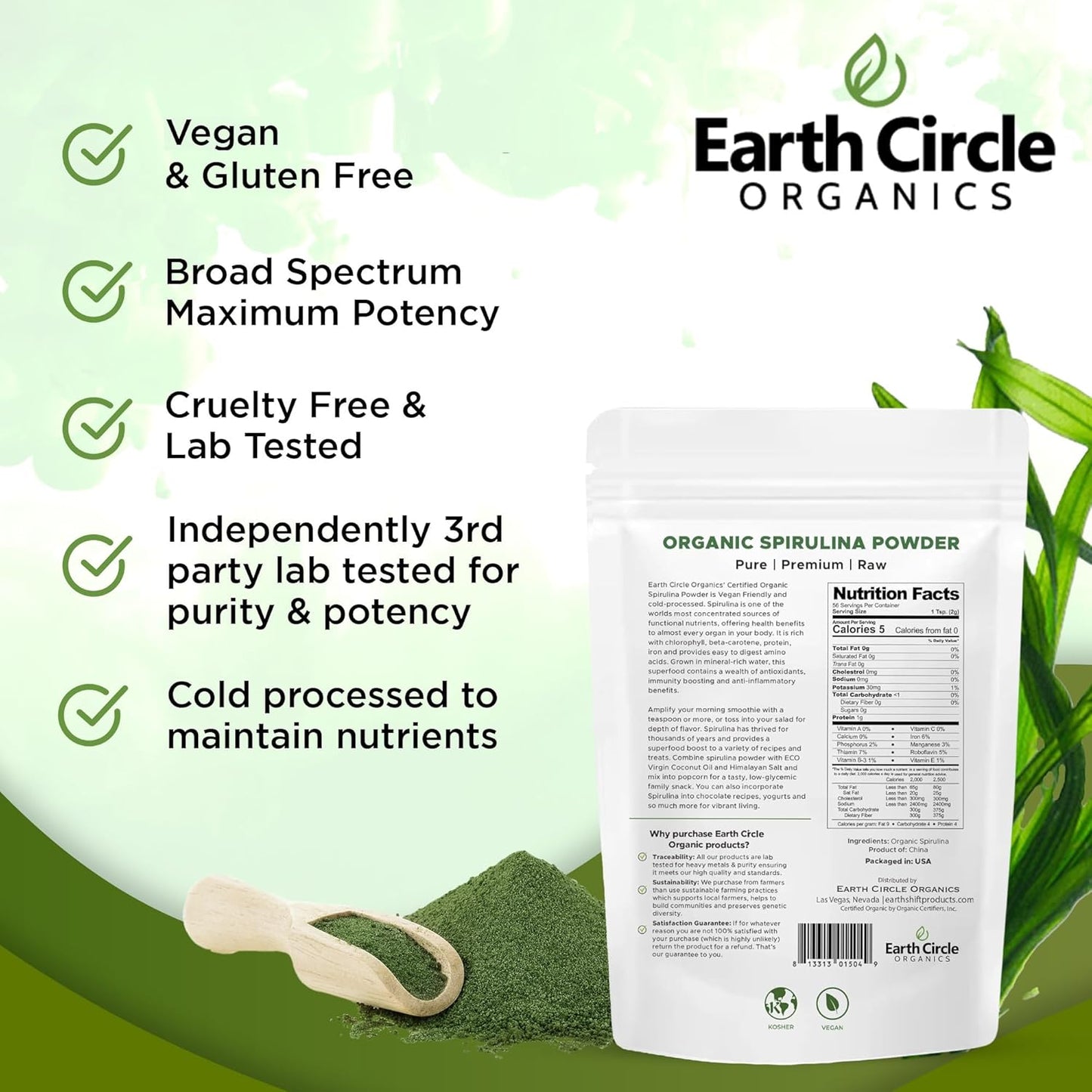 Earth Circle Organics Spirulina Powder - Raw Vegan Protein Superfood, High in Amino Acids - 8 Ounce (2 Pack)