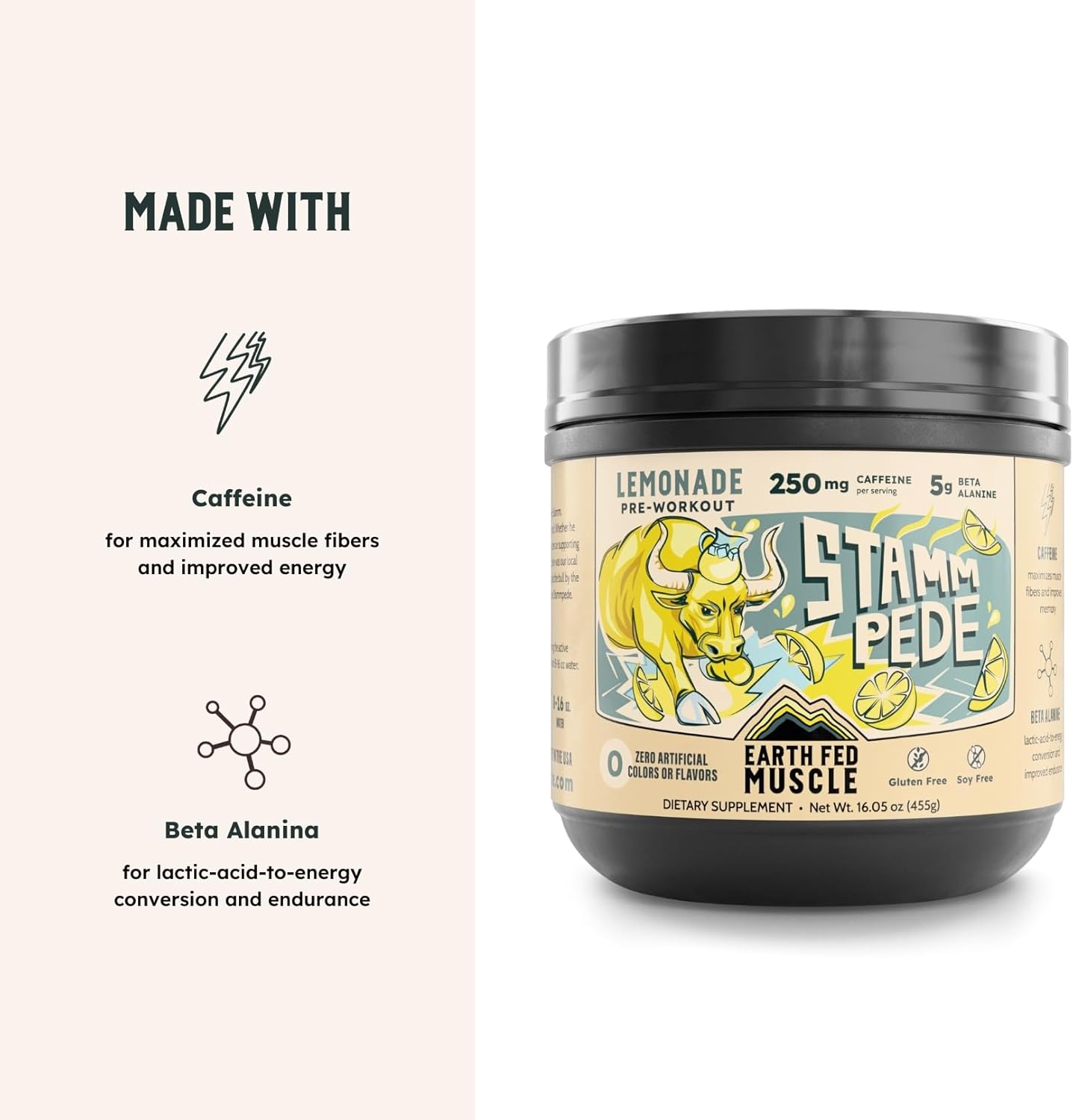 Earth Fed Muscle Stampede Lemonade Pre Workout - Energy Boosting Formula with Beta Alanine, Caffeine, Citrulline Malate, Taurine, Tyrosine - Soy, Gluten, and Sugar Free - Keto Friendly - 26 Servings