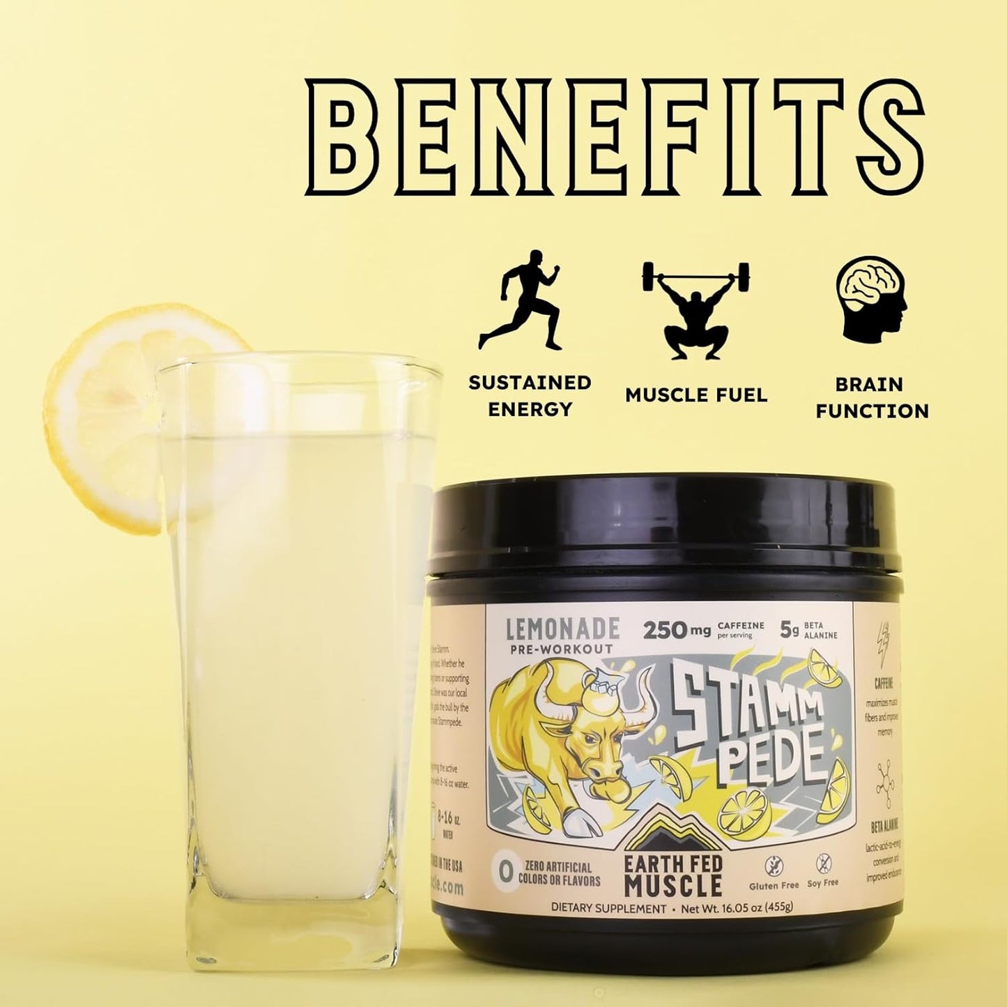 Earth Fed Muscle Stampede Lemonade Pre Workout - Energy Boosting Formula with Beta Alanine, Caffeine, Citrulline Malate, Taurine, Tyrosine - Soy, Gluten, and Sugar Free - Keto Friendly - 26 Servings