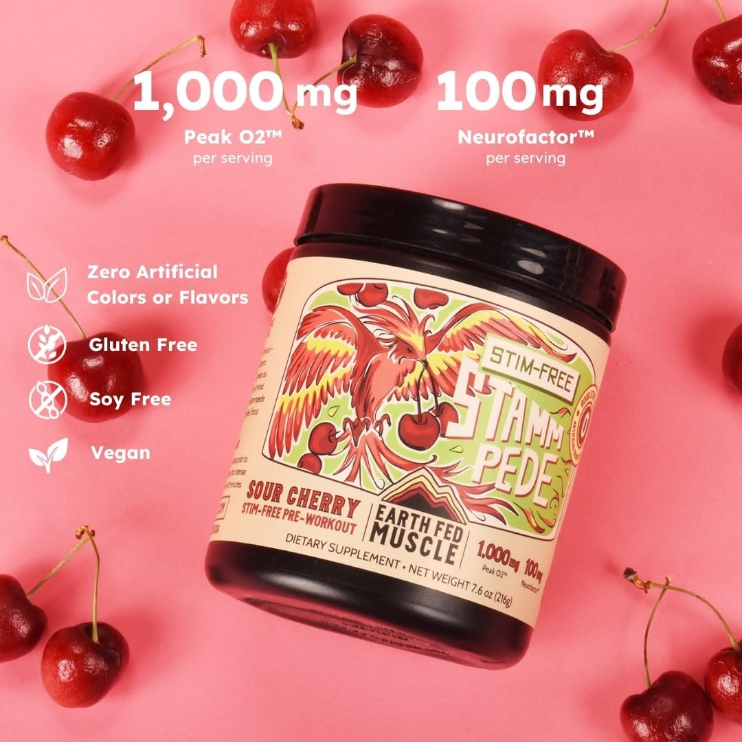 Earth Fed Muscle Stimulant-Free Stammpede Pre Workout - Sour Cherry Flavor - Enhances Energy, Endurance, and Focus with Lion's Mane and Taurine - Vegan, Soy-Free, Gluten-Free - 30 Servings