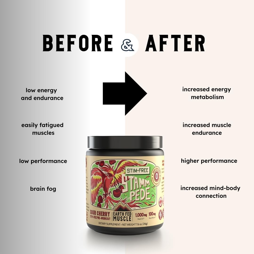 Earth Fed Muscle Stimulant-Free Stammpede Pre Workout - Sour Cherry Flavor - Enhances Energy, Endurance, and Focus with Lion's Mane and Taurine - Vegan, Soy-Free, Gluten-Free - 30 Servings