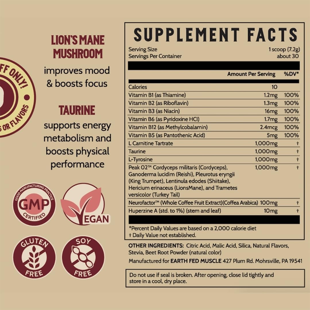 Earth Fed Muscle Stimulant-Free Stammpede Pre Workout - Sour Cherry Flavor - Enhances Energy, Endurance, and Focus with Lion's Mane and Taurine - Vegan, Soy-Free, Gluten-Free - 30 Servings