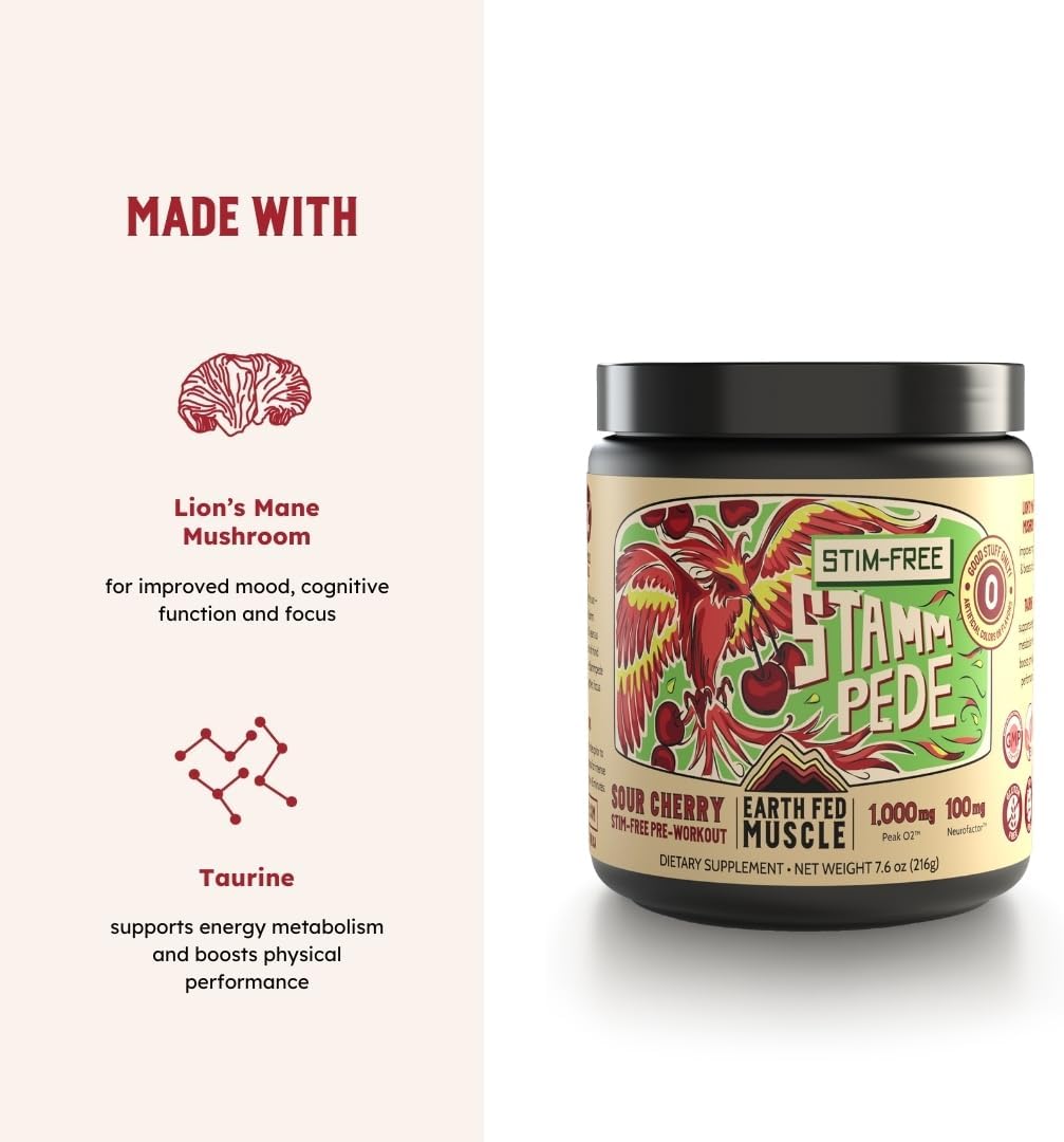 Earth Fed Muscle Stimulant-Free Stammpede Pre Workout - Sour Cherry Flavor - Enhances Energy, Endurance, and Focus with Lion's Mane and Taurine - Vegan, Soy-Free, Gluten-Free - 30 Servings