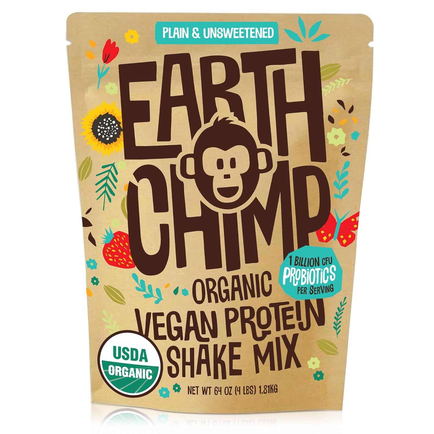 EarthChimp Organic Vegan Protein Powder with Probiotics - Non GMO, Dairy Free, Plant Based Protein for Women and Men - Gluten Free - 52 Servings, 64 Oz (Plain & Unsweetened)