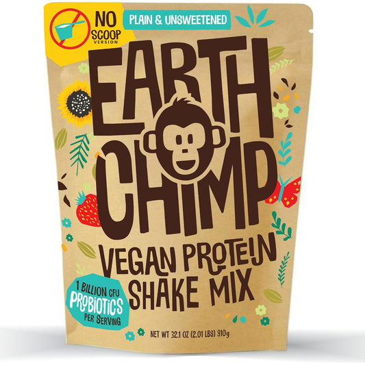 EarthChimp Organic Vegan Protein Powder with Probiotics - Plant Based Protein for Women and Men - Non GMO, Dairy Free, Gluten Free - 52 Servings 64 Oz (Plain & Unsweetened)