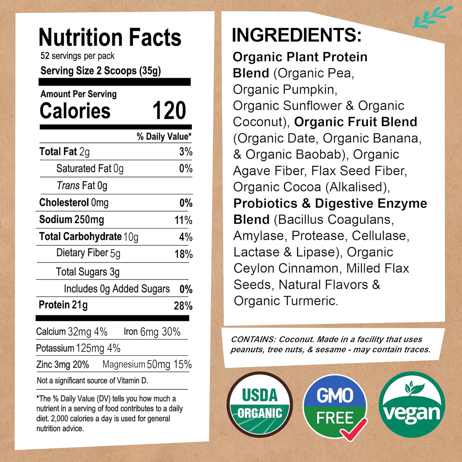 EarthChimp Organic Vegan Protein Powder with Probiotics - Non GMO, Dairy Free, Plant Based Protein for Women and Men - Gluten Free - 52 Servings, 64 Oz (Plain & Unsweetened)