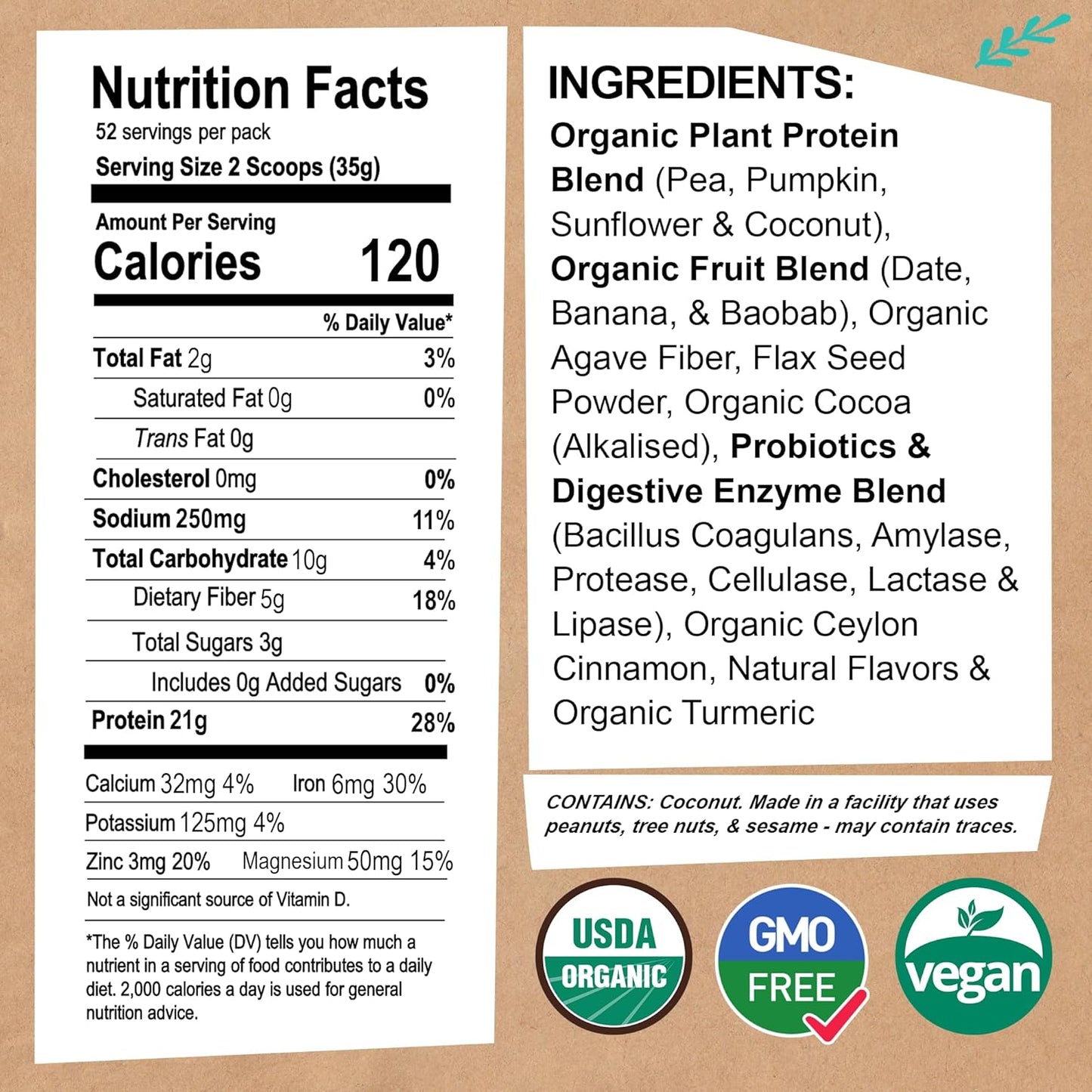 EarthChimp Organic Vegan Protein Powder with Probiotics - Plant Based Protein for Women and Men - Non GMO, Dairy Free, Gluten Free - 52 Servings 64 Oz (Plain & Unsweetened)