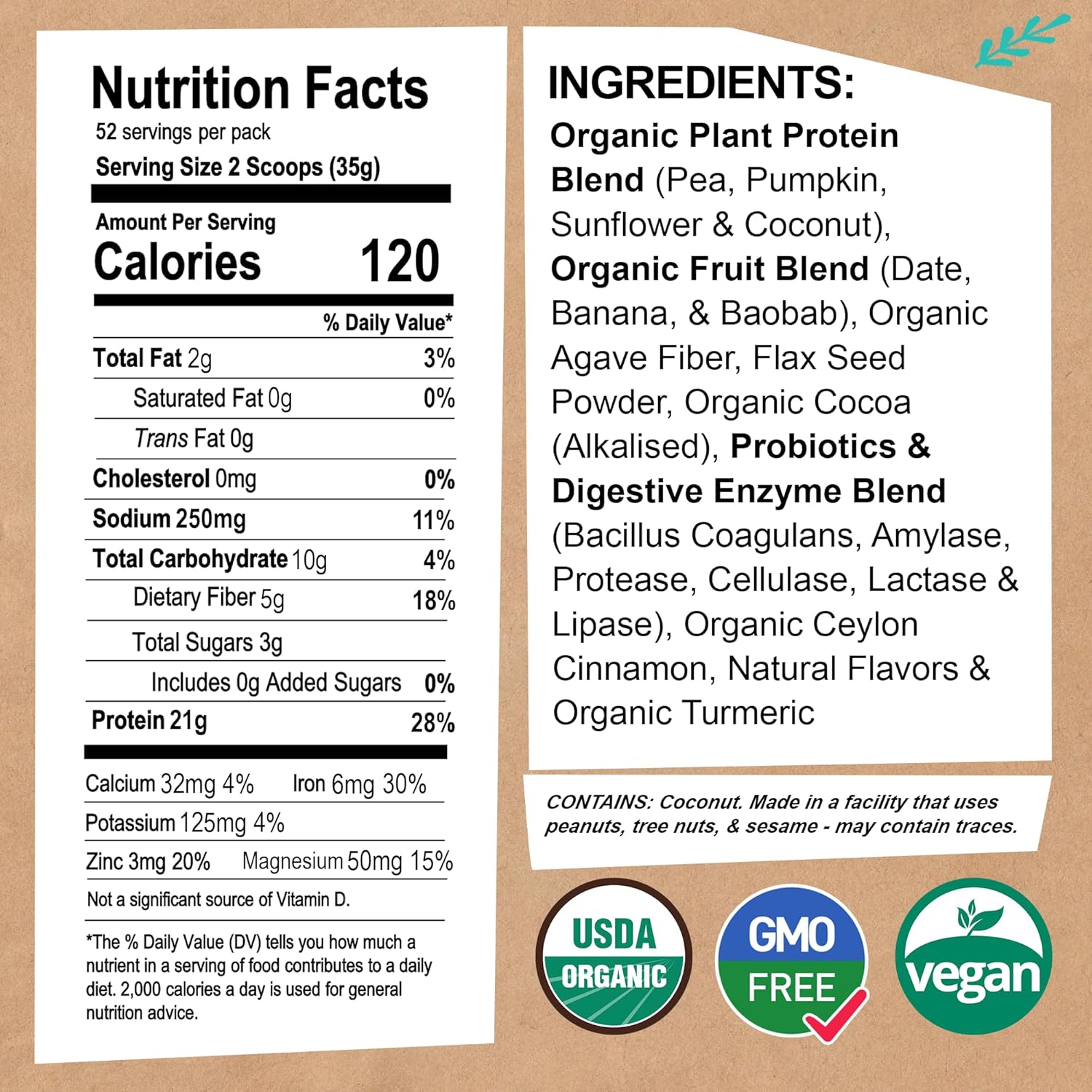 EarthChimp Organic Vegan Protein Powder with Probiotics - Plant Based Protein for Women and Men - Non GMO, Dairy Free, Gluten Free - 52 Servings 64 Oz (Plain & Unsweetened)