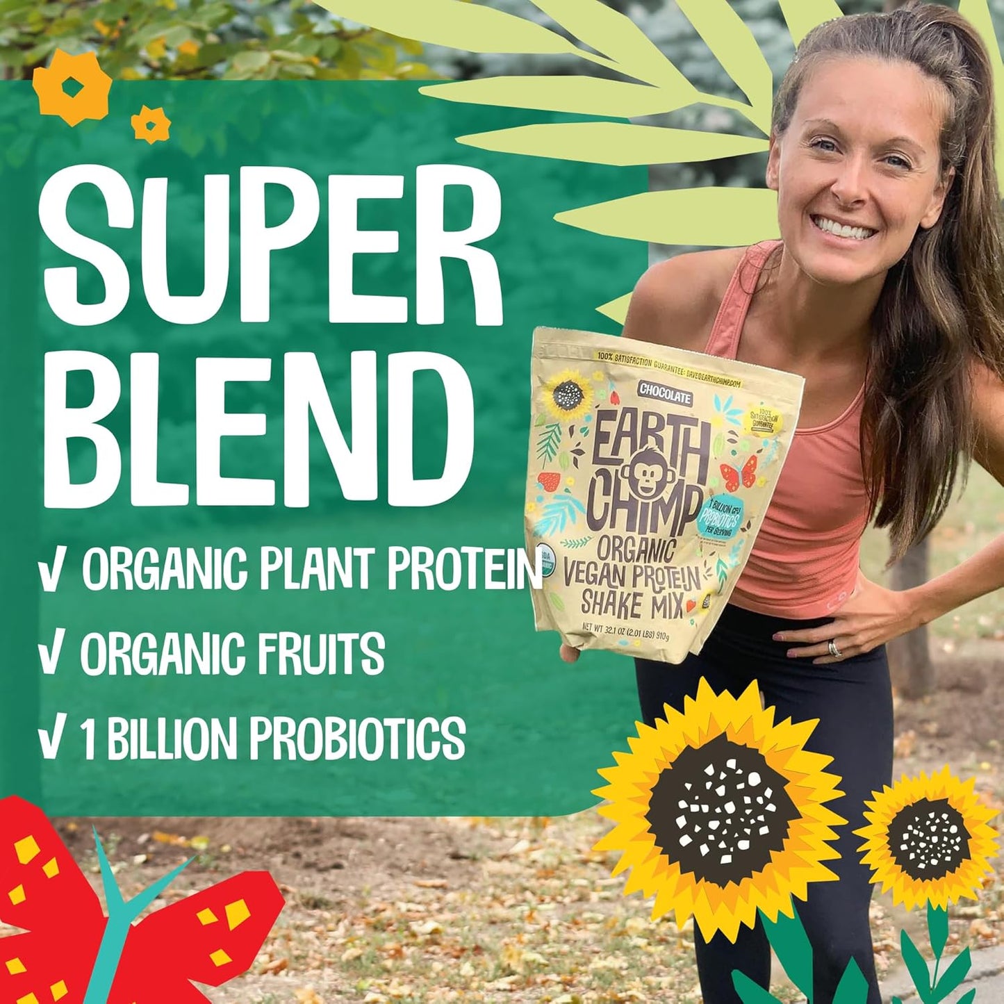 EarthChimp Organic Vegan Protein Powder with Probiotics - Plant Based Protein for Women and Men - Non GMO, Dairy Free, Gluten Free - 52 Servings 64 Oz (Plain & Unsweetened)