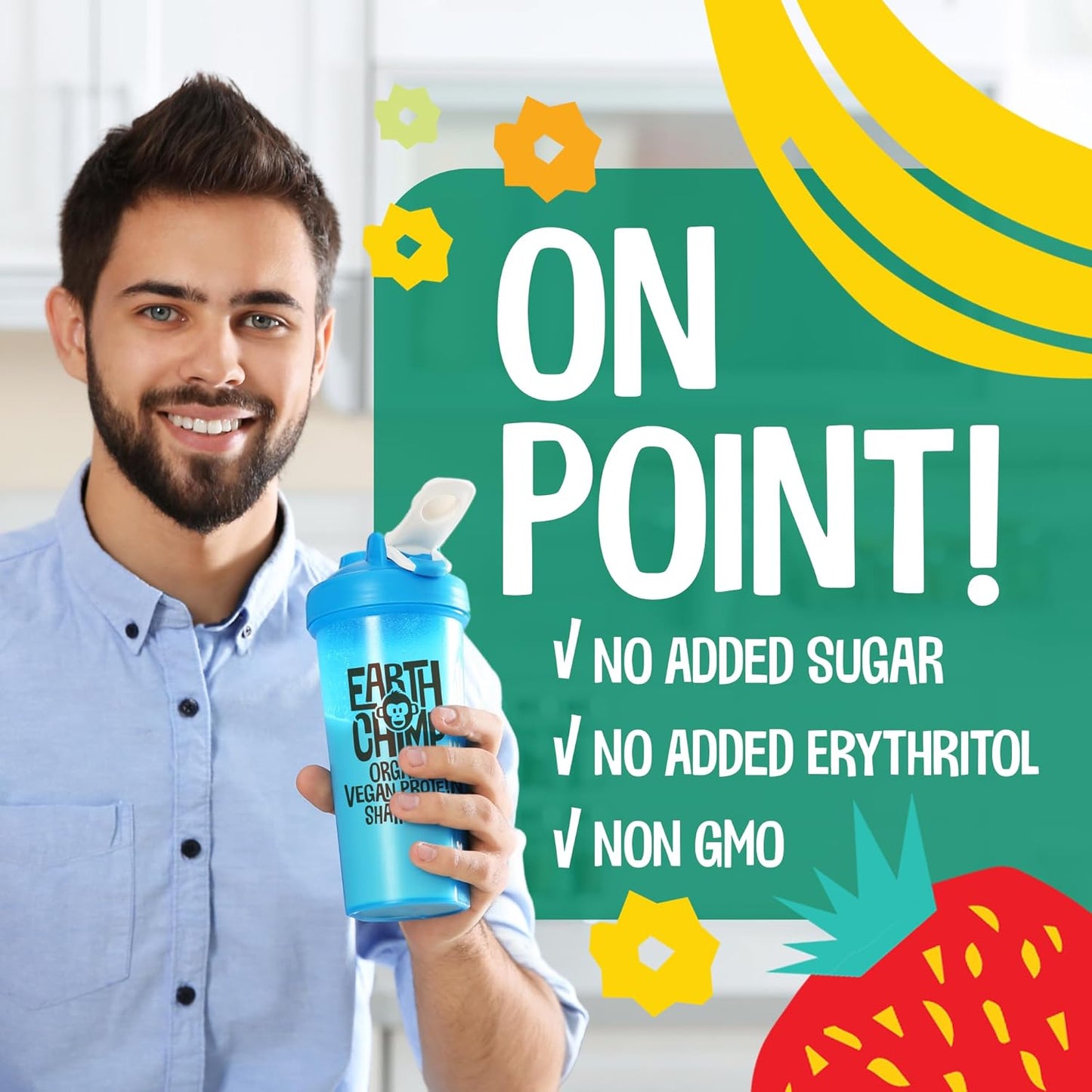 EarthChimp Organic Vegan Protein Powder with Probiotics - Non GMO, Dairy Free, Plant Based Protein for Women and Men - Gluten Free - 52 Servings, 64 Oz (Plain & Unsweetened)