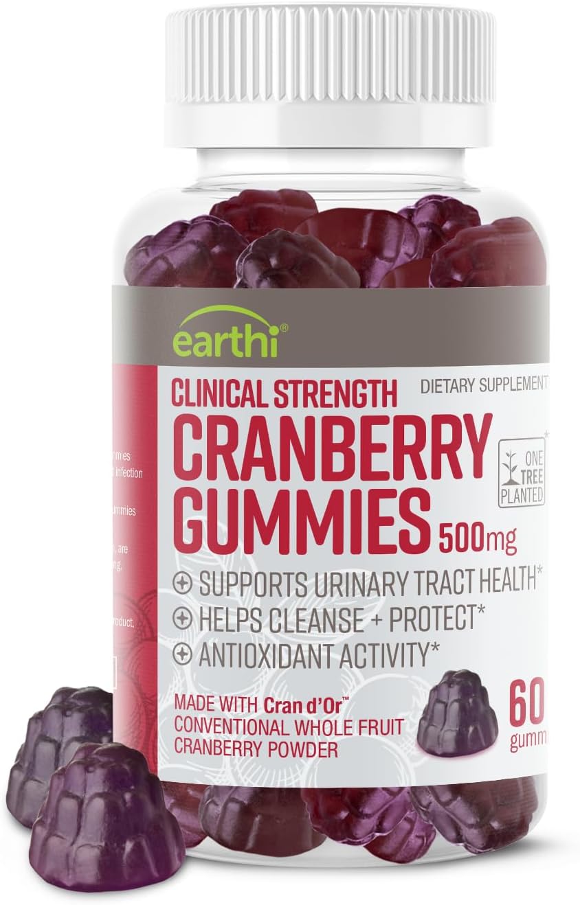 Earthi Clinical Strength Cranberry Gummies 500mg - Support Urinary Tract Health for Women & Men - Antioxidant Superfood to Cleanse & Protect - Cran d'Or Cranberry Powder Supplement (60 Gummies)