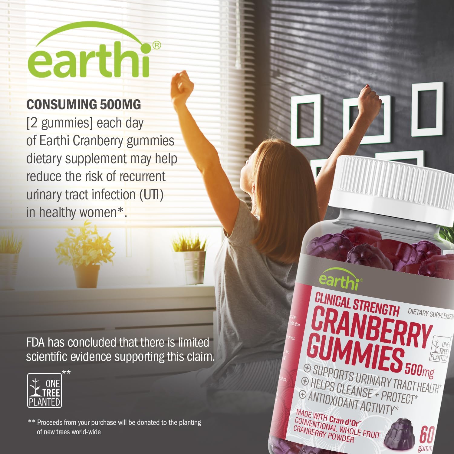 Earthi Clinical Strength Cranberry Gummies 500mg - Support Urinary Tract Health for Women & Men - Antioxidant Superfood to Cleanse & Protect - Cran d'Or Cranberry Powder Supplement (60 Gummies)