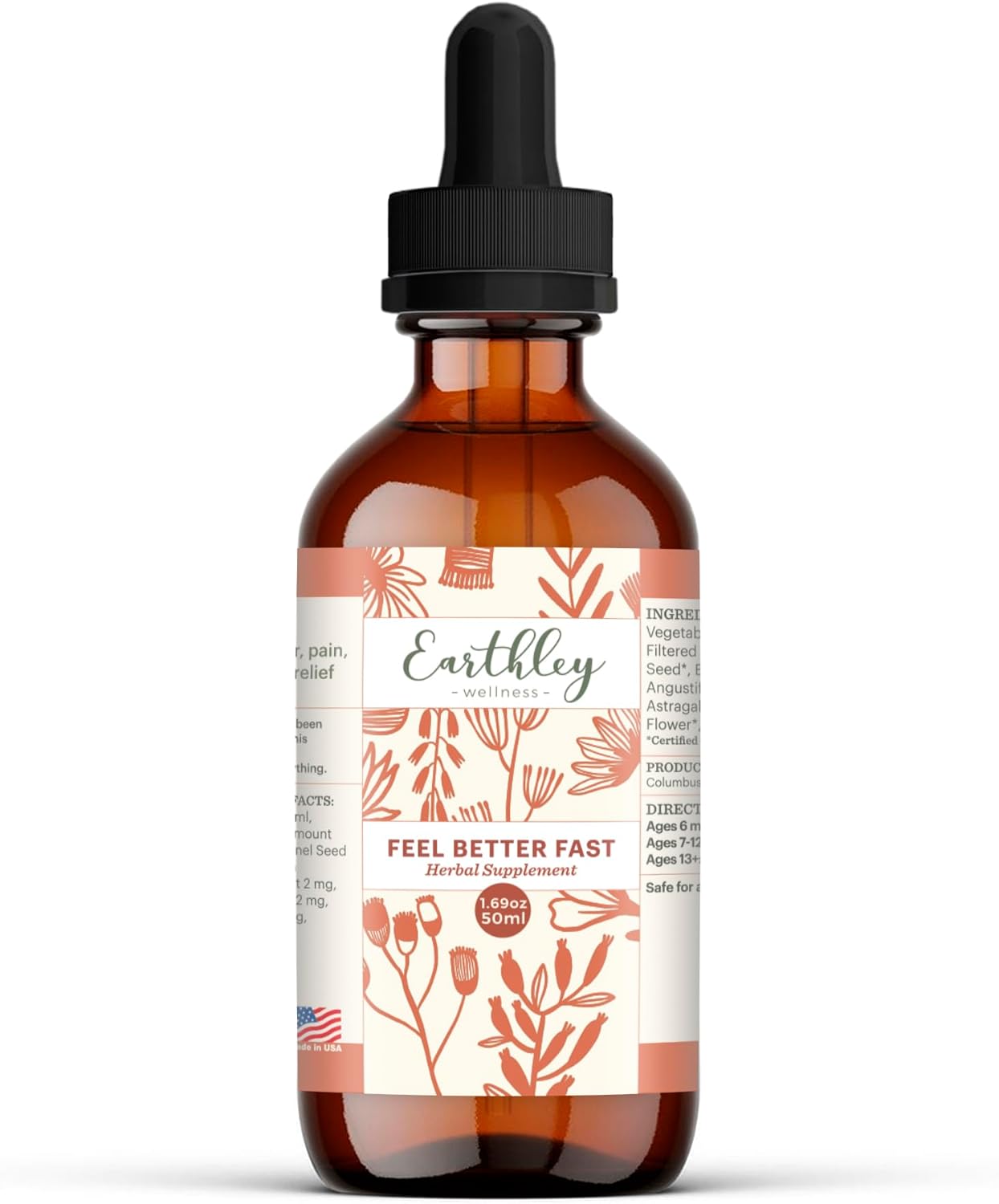 Earthley Wellness Feel Better Fast Herbal Supplement - Echinacea Root, Fennel, Astragalus Root, Elder Flower, and Cinnamon - 1.69 oz Size