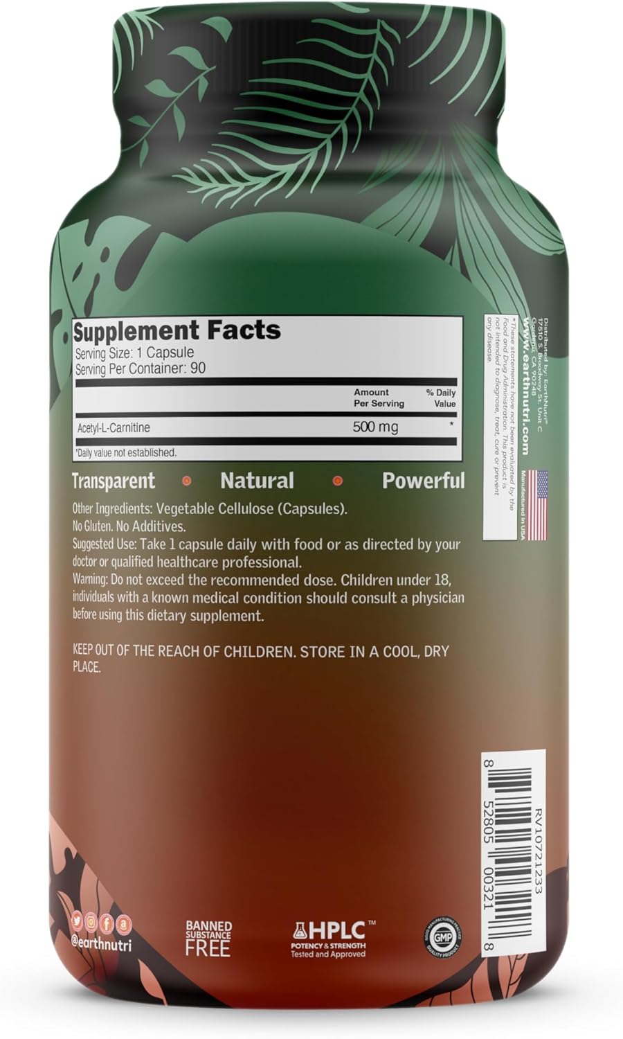 EarthNutri Acetyl-L-Carnitine Capsules - 90 Count, Additive-Free & Non-GMO