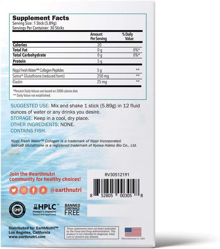 EarthNutri Marine Collagen Peptides Powder for Women - Improves Skin Elasticity & Hydration - 30 Stick Packs - Unflavored