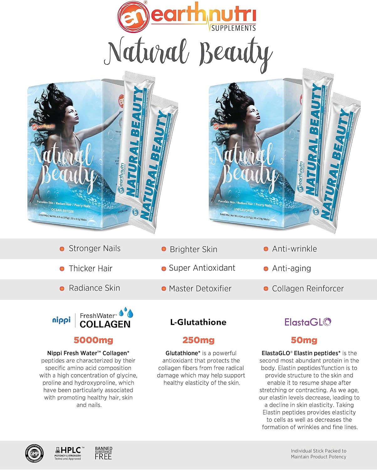 EarthNutri Marine Collagen Peptides Powder for Women - Improves Skin Elasticity & Hydration - 30 Stick Packs - Unflavored