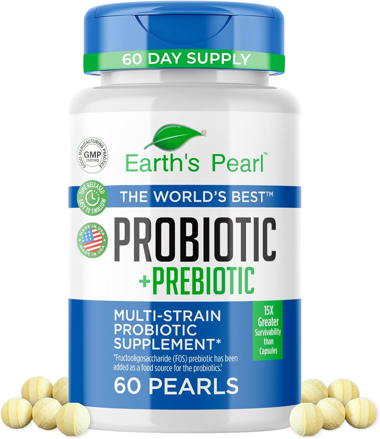 Earth's Pearl Probiotics for Women, Men, Kids - Pearl-Shaped Probiotic & Prebiotics with BIO-Tract®, 4 Billion CFU, Gut Health Support - 60-Day Supply