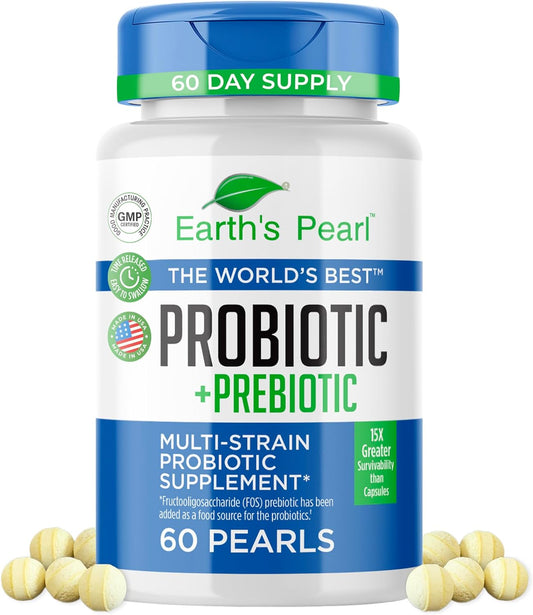 Earth's Pearl Probiotics for Women, Men, Kids - Pearl-Shaped Probiotic & Prebiotics with BIO-Tract®, 4 Billion CFU, Gut Health Support - 60-Day Supply