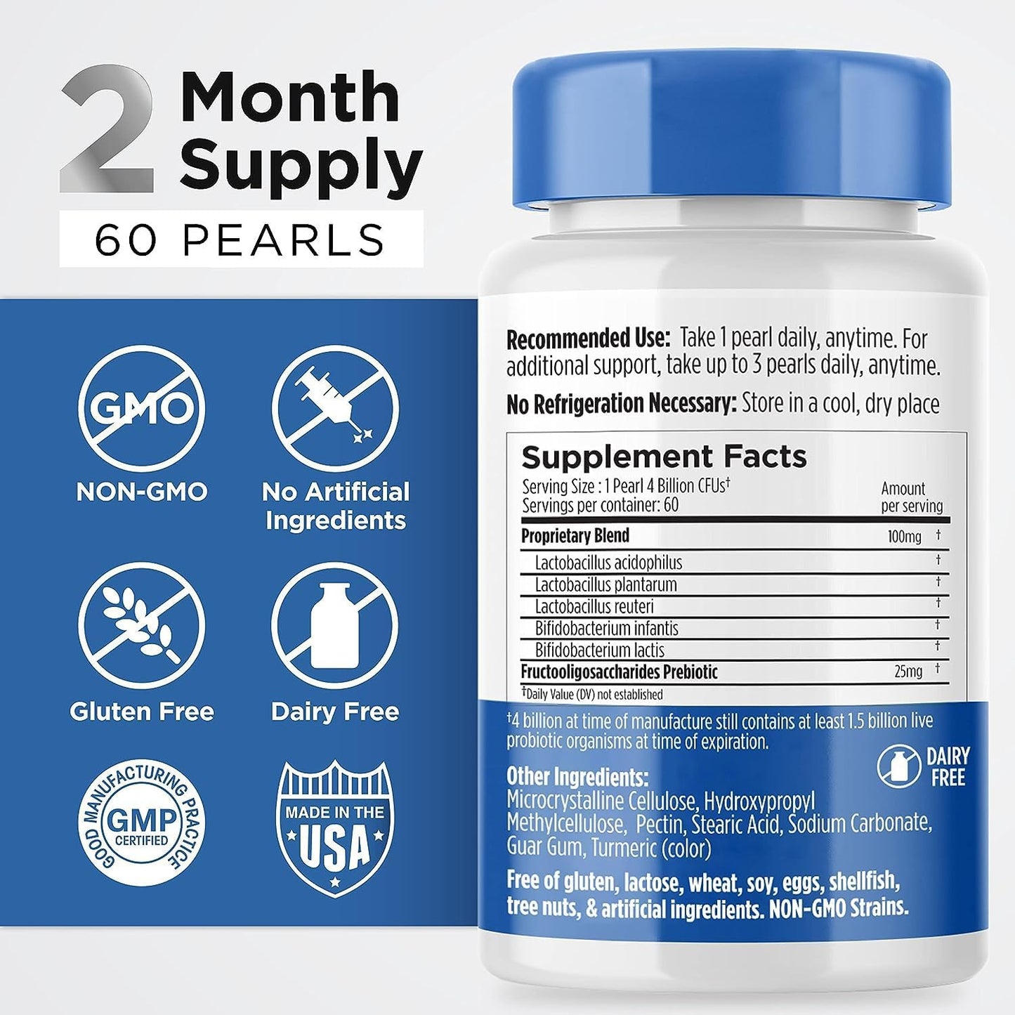 Earth's Pearl Probiotics for Women, Men, Kids - Pearl-Shaped Probiotic & Prebiotics with BIO-Tract®, 4 Billion CFU, Gut Health Support - 60-Day Supply