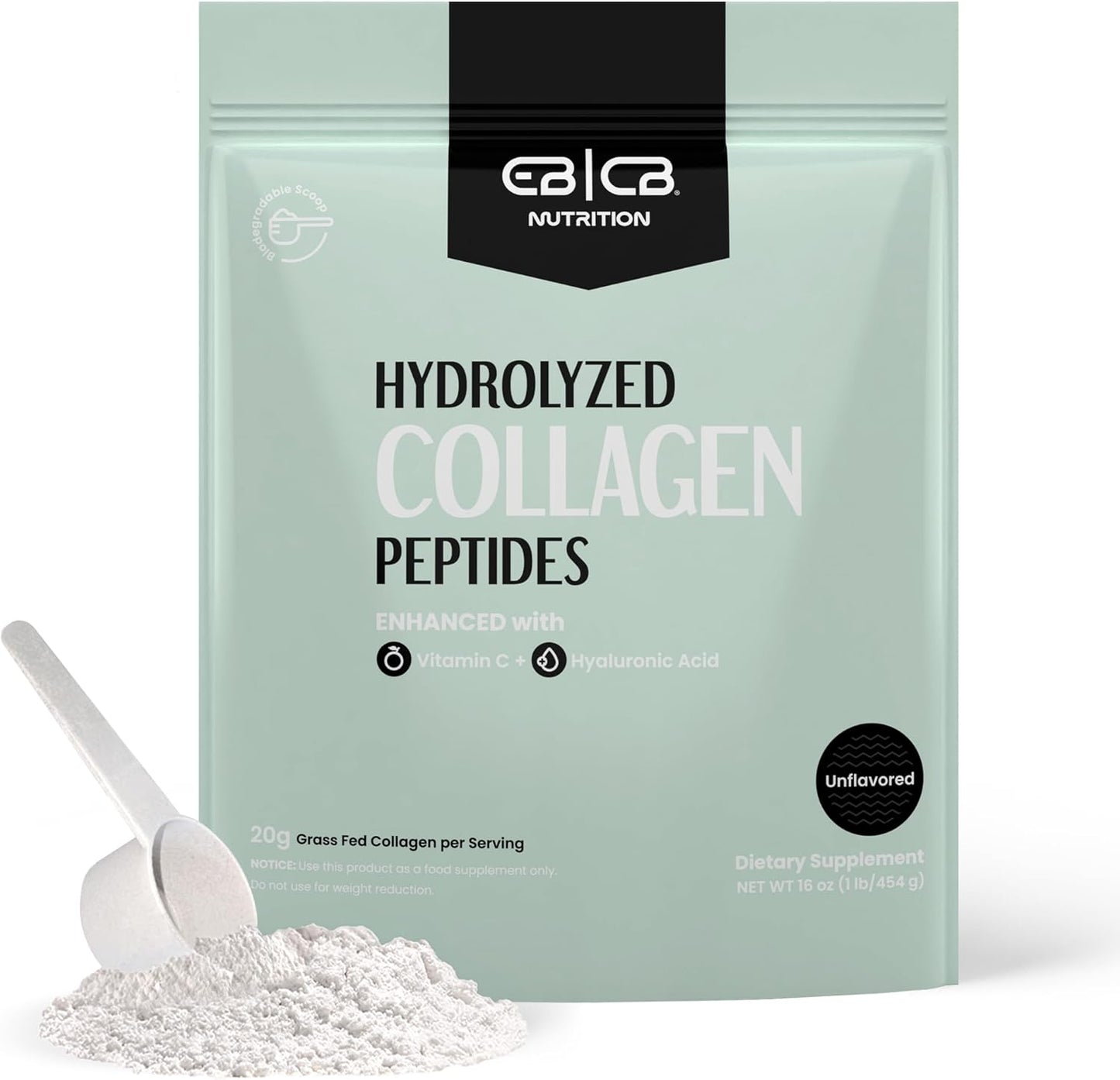 EBCB Nutrition 1lb Hydrolyzed Collagen Peptides with Vitamin C and Hyaluronic Acid for Skin and Joint Health