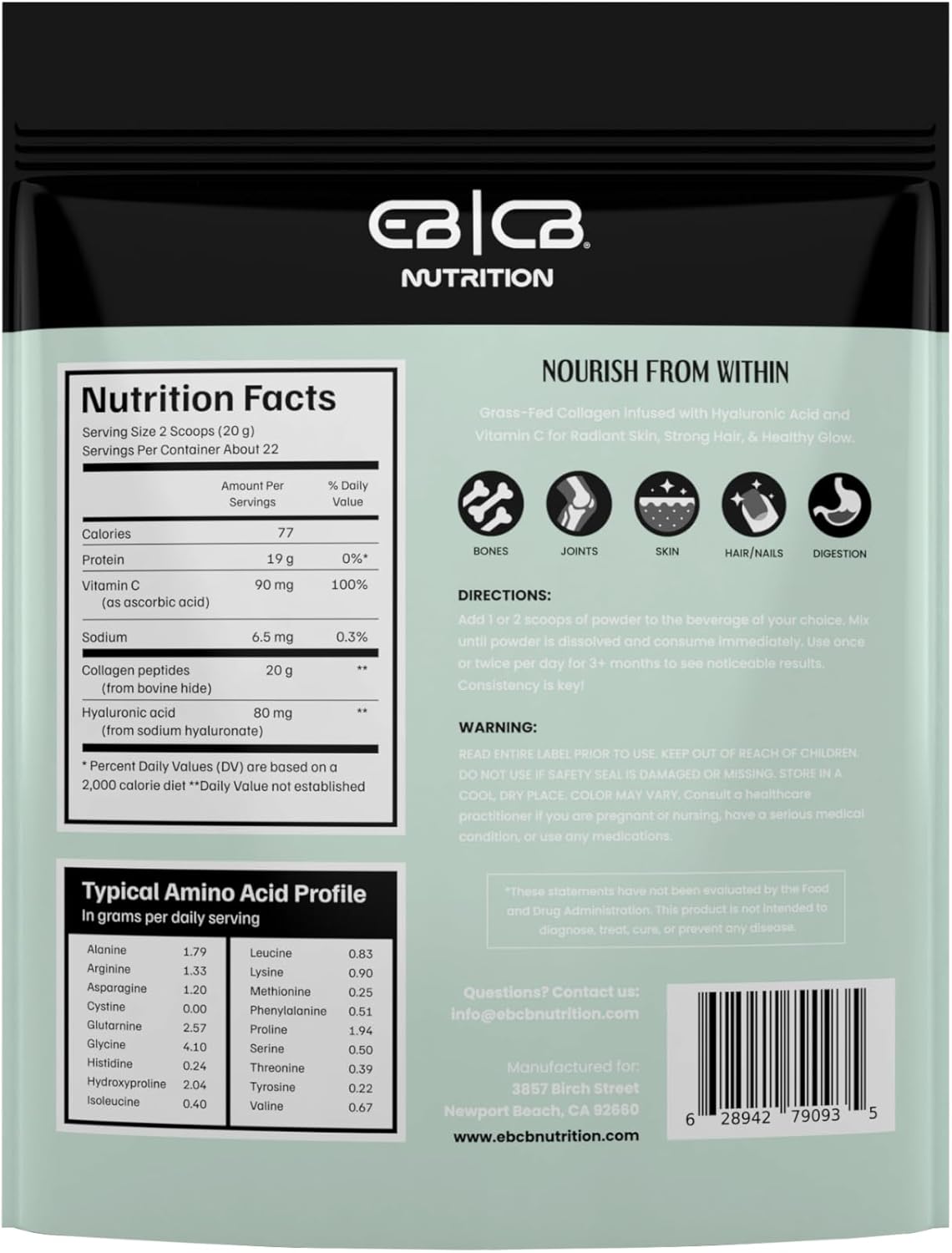 EBCB Nutrition 1lb Hydrolyzed Collagen Peptides with Vitamin C and Hyaluronic Acid for Skin and Joint Health