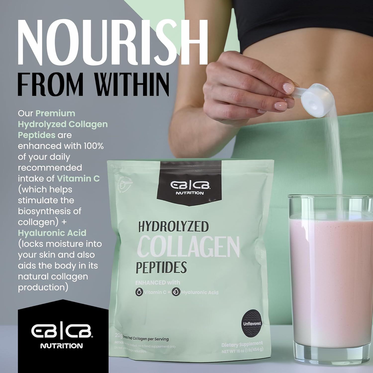 EBCB Nutrition 1lb Hydrolyzed Collagen Peptides with Vitamin C and Hyaluronic Acid for Skin and Joint Health