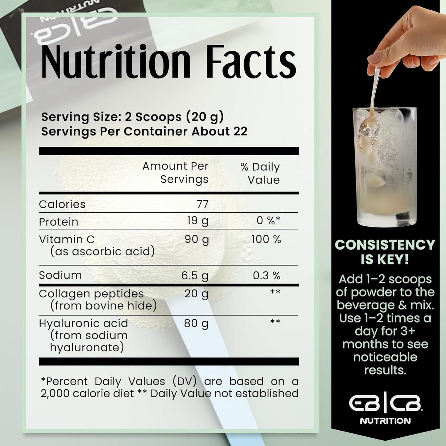 EBCB Nutrition 1lb Hydrolyzed Collagen Peptides with Vitamin C and Hyaluronic Acid for Skin and Joint Health