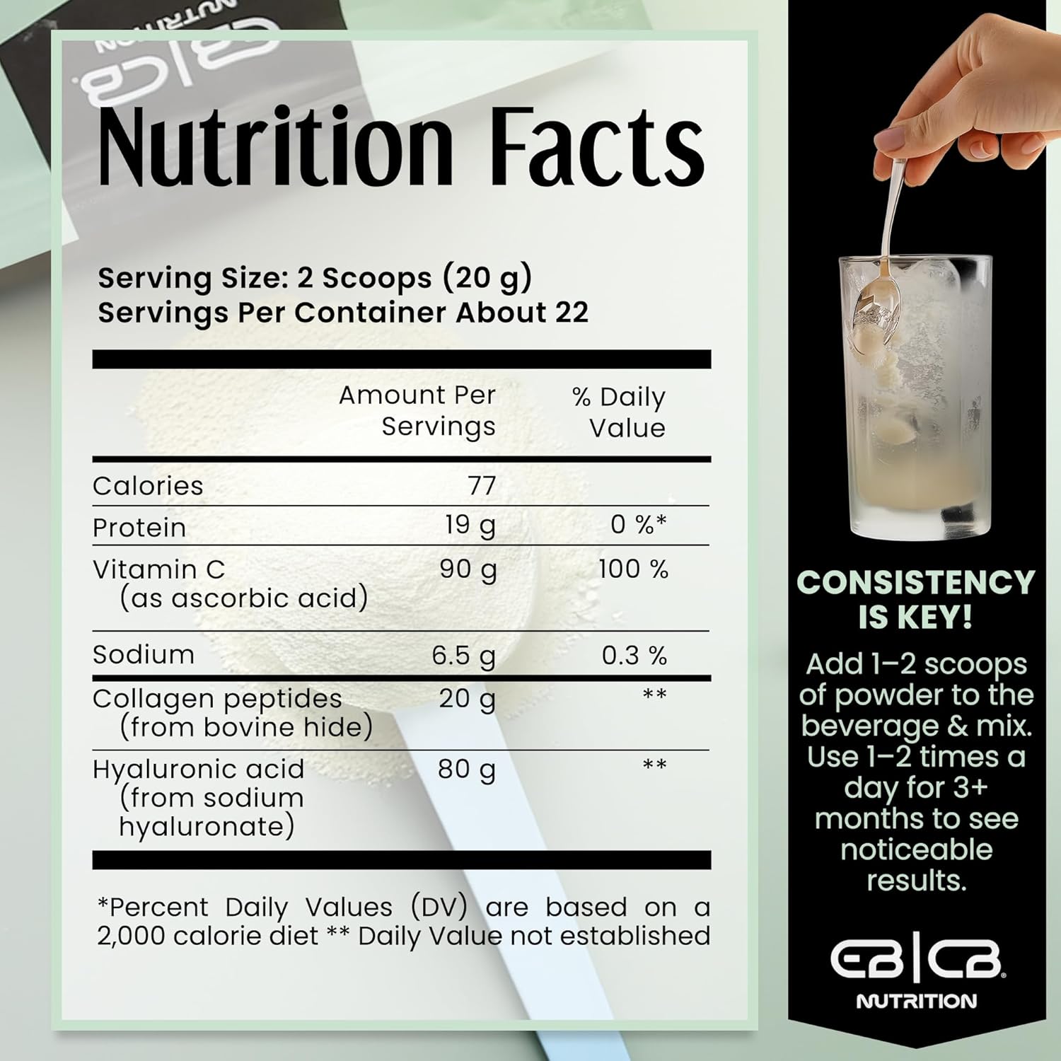 EBCB Nutrition 1lb Hydrolyzed Collagen Peptides with Vitamin C and Hyaluronic Acid for Skin and Joint Health