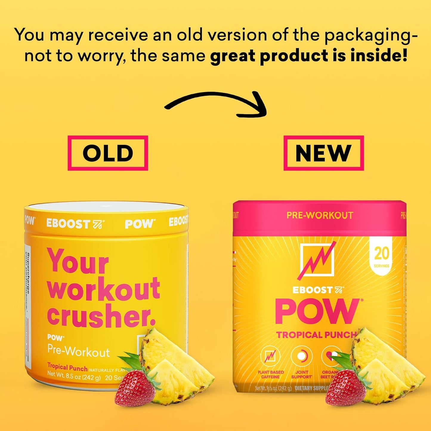 EBOOST POW Natural Pre Workout Powder - Tropical Punch Flavor - Performance & Energy Boost for Men and Women - Non-GMO & Gluten-Free - 20 Servings