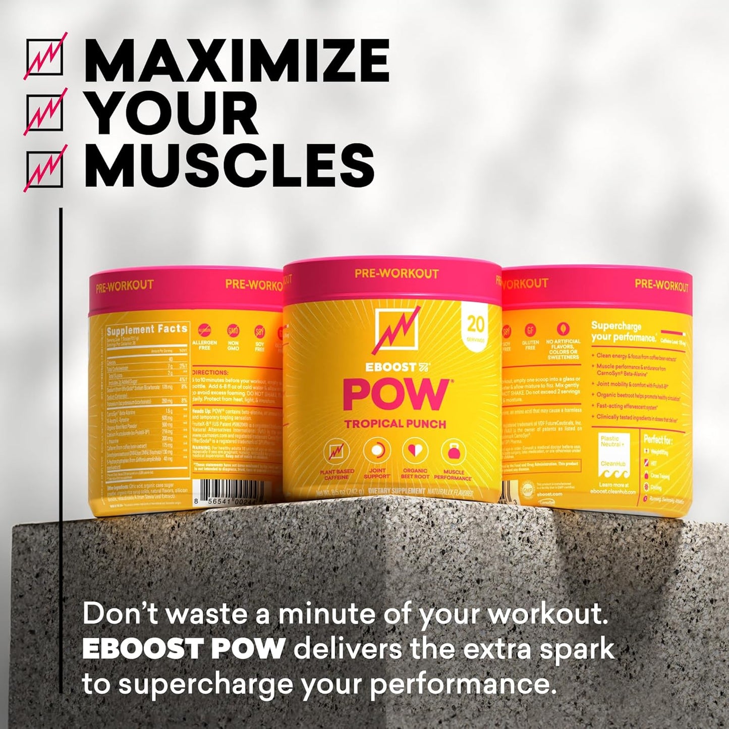 EBOOST POW Natural Pre Workout Powder - Tropical Punch Flavor - Performance & Energy Boost for Men and Women - Non-GMO & Gluten-Free - 20 Servings