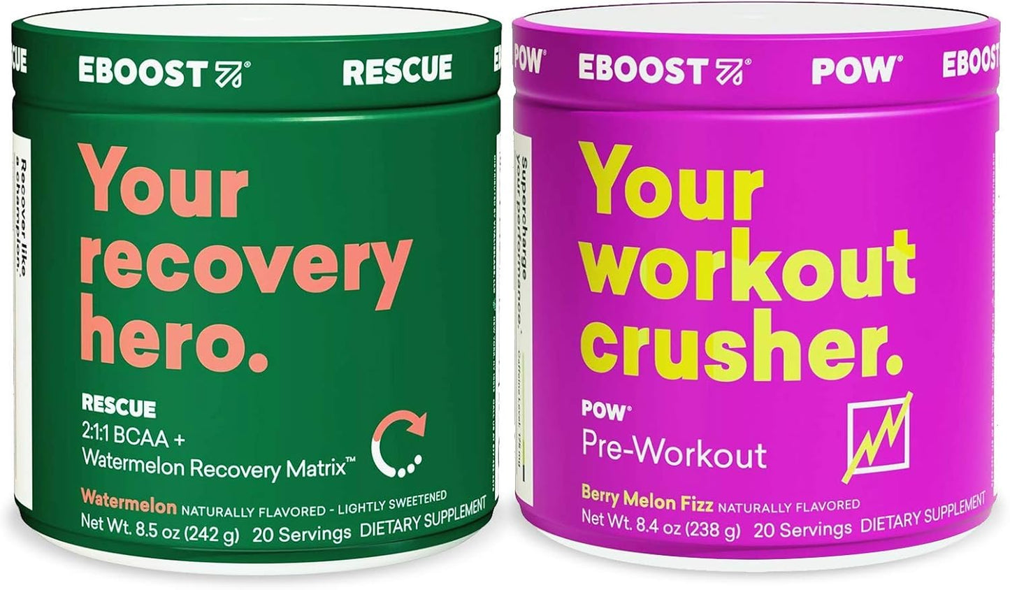 EBOOST POW Pre-Workout & Rescue BCAA Tub Bundle - Performance Supplement Powder for Energy & Recovery - Non-GMO, Gluten-Free