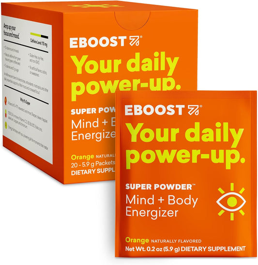 EBOOST Super Powder Orange Energy Drink & Electrolyte Powder - 20 Packets with Essential Vitamins, Nootropics, Natural Caffeine for Pre & Post Workout Hydration - No Added Sugar