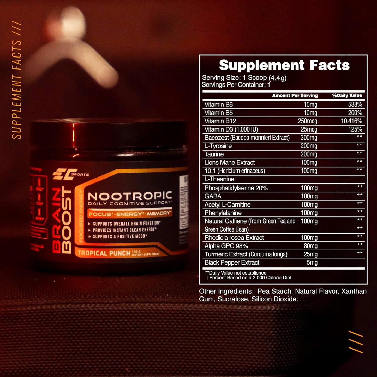 EC Sports Brain Boost Tropical Punch Nootropic Supplement with 18 Nootropics - Enhances Focus, Energy, and Performance - 30 Servings