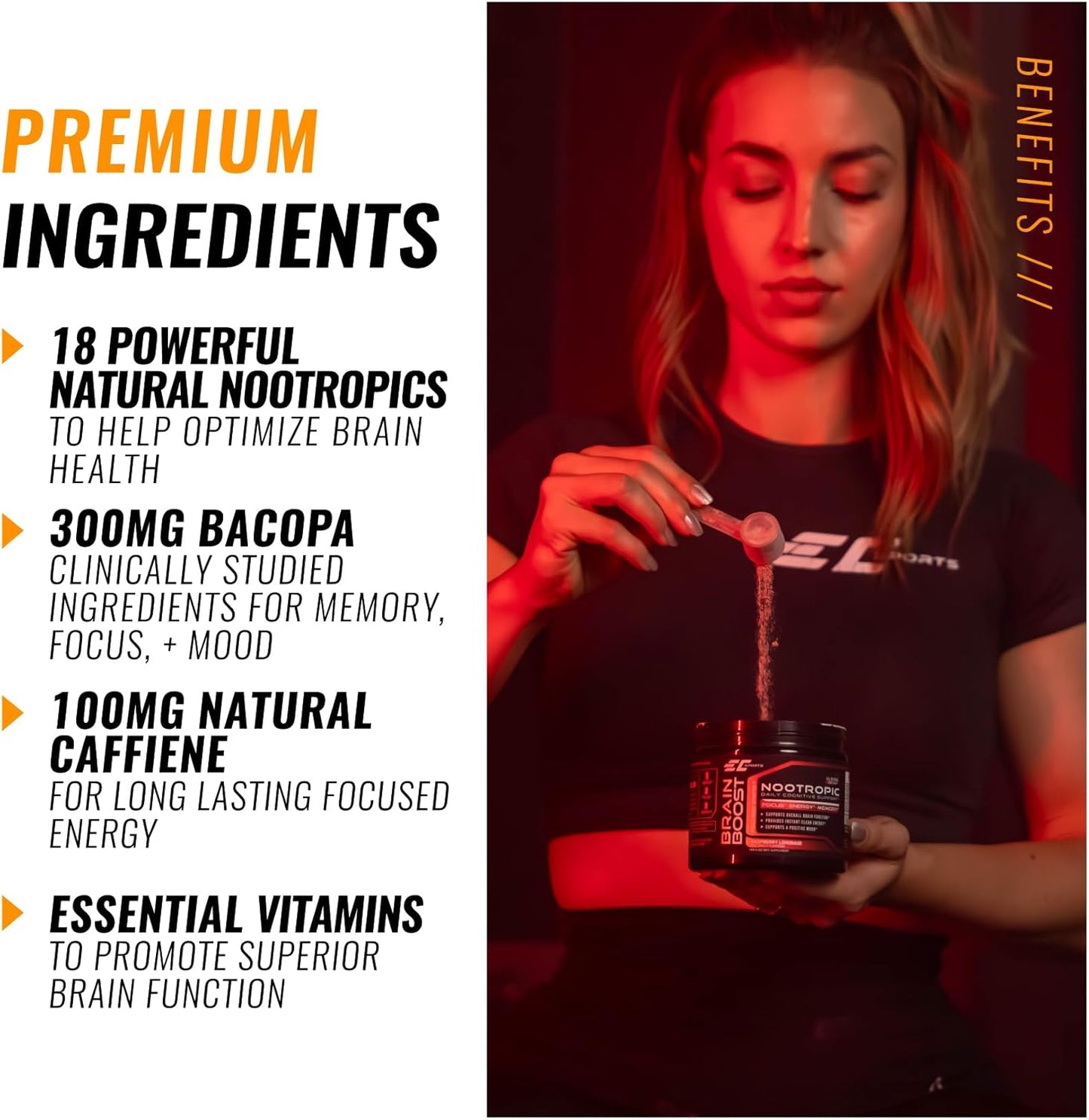 EC Sports Brain Boost Tropical Punch Nootropic Supplement with 18 Nootropics - Enhances Focus, Energy, and Performance - 30 Servings