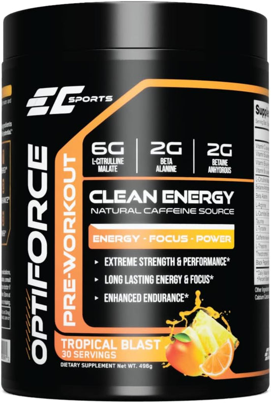 EC Sports OptiForce Tropical Blast Pre-Workout Powder - Clean Energy & Natural Caffeine for Endurance and Focus - 30 Servings