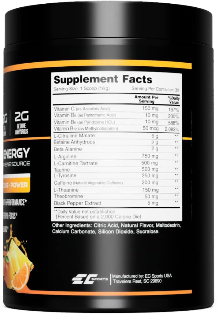 EC Sports OptiForce Tropical Blast Pre-Workout Powder - Clean Energy & Natural Caffeine for Endurance and Focus - 30 Servings