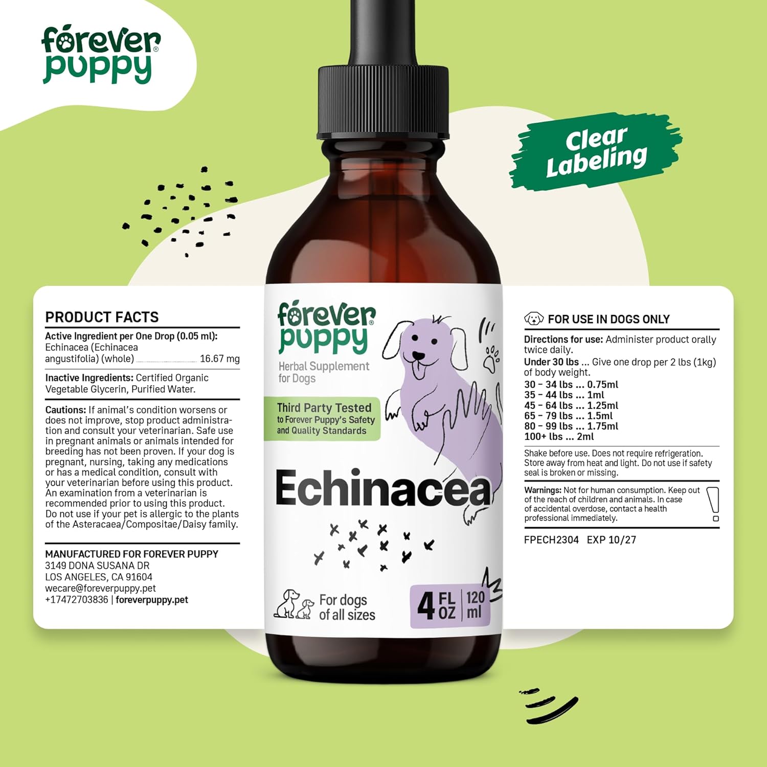 Echinacea Drops for Dogs - Immunity & Respiratory Health Support - Liquid Supplement - 4 oz Bottle