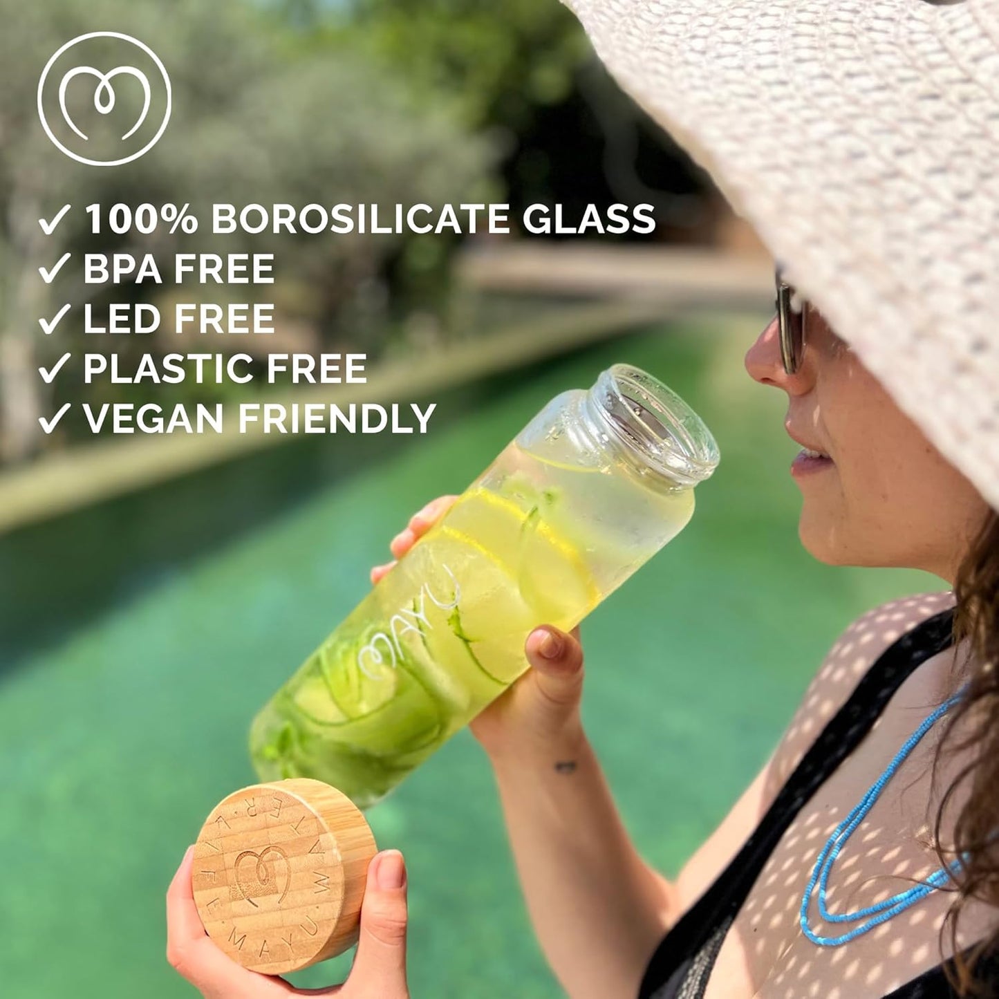 Eco-Friendly 1L Glass Water Bottle with Bamboo Lid - BPA-Free, Leak-Proof Design for Outdoor Picnics and Everyday Use
