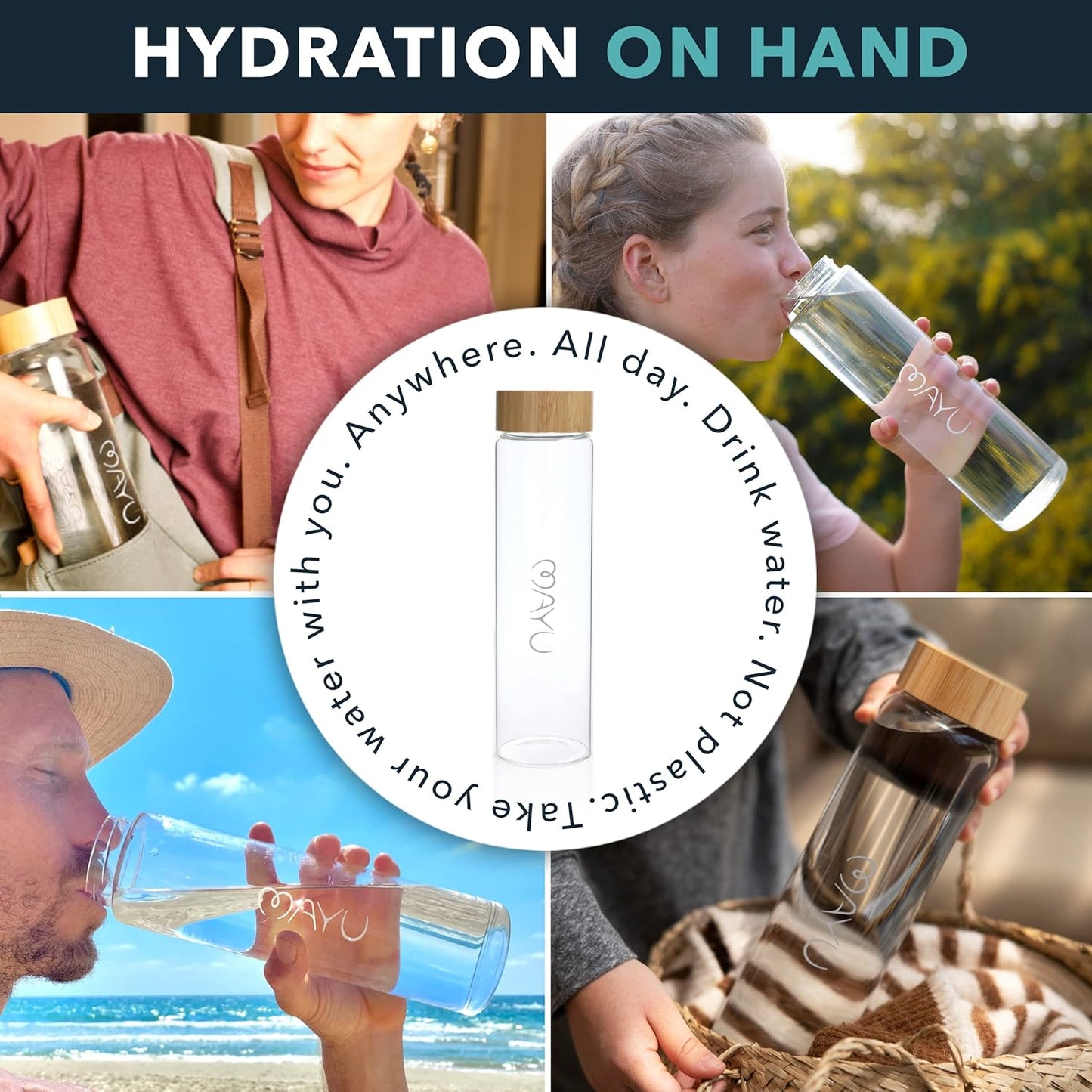 Eco-Friendly 1L Glass Water Bottle with Bamboo Lid - BPA-Free, Leak-Proof Design for Outdoor Picnics and Everyday Use